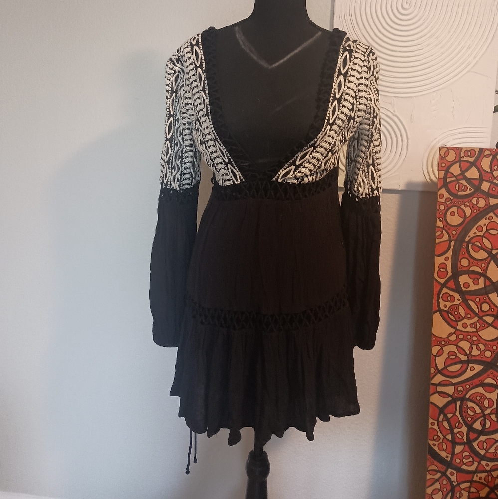 Free People Black And White Long Sleeve Mini Dress